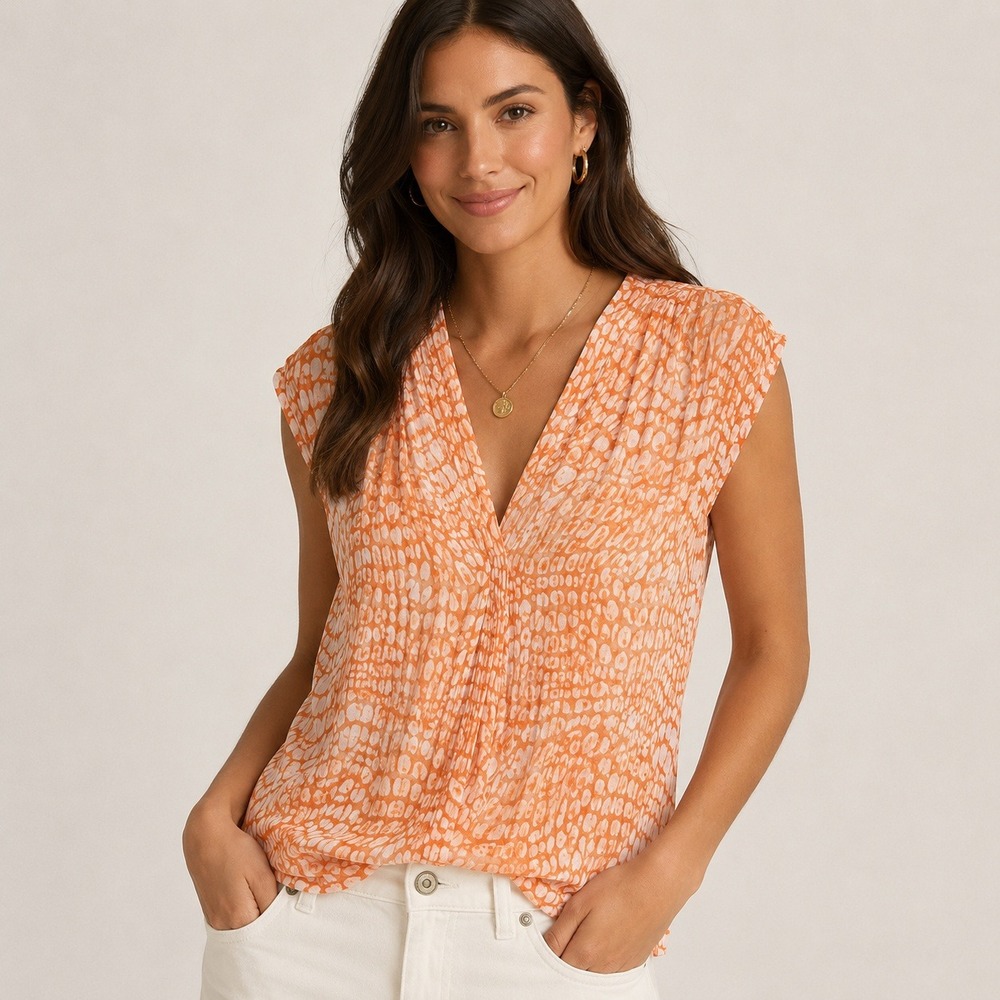 Worthington Orange Abstract Print Sleeveless V-Neck Pleated Blouse XL‎